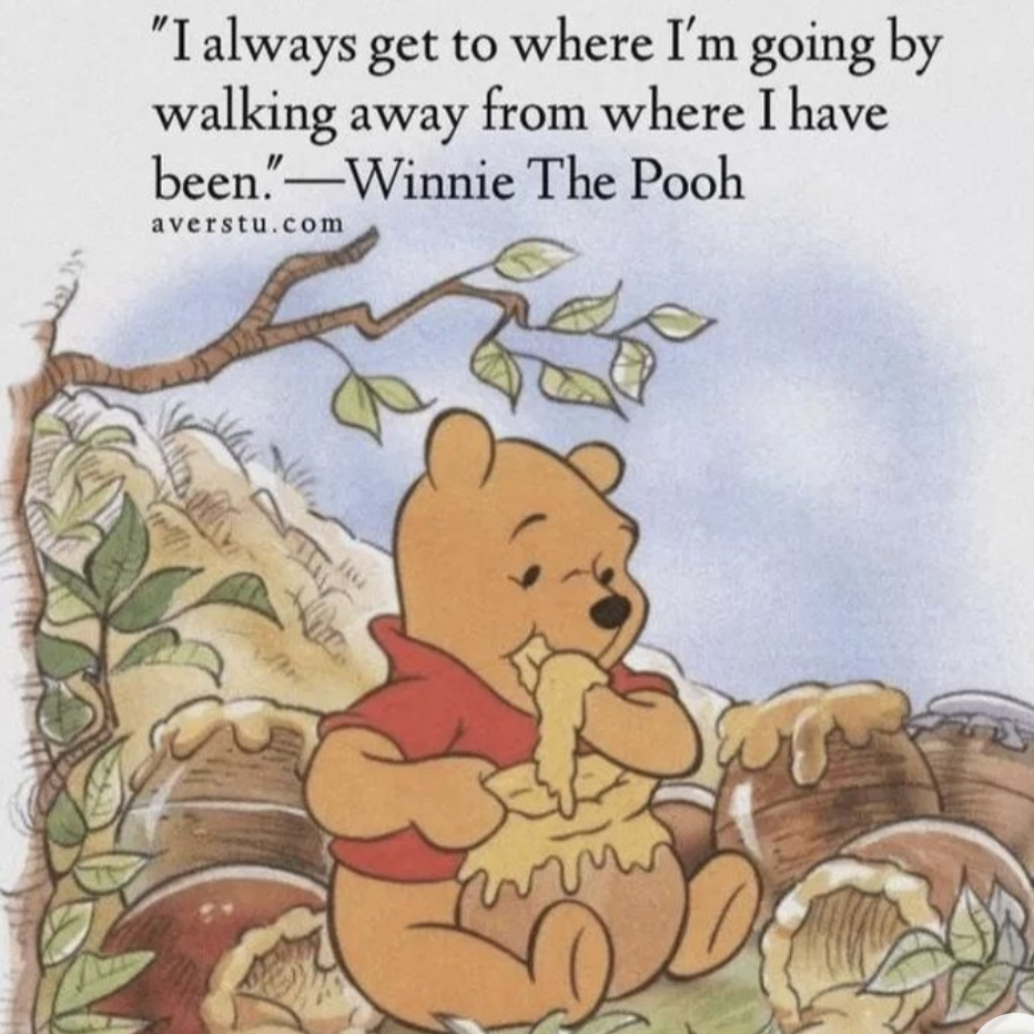 Yellow pooh bear eats honey from pot under a tree. Quote above reads: "I always get to where I'm going by walking away from where I have been." - Winnie The Pooh